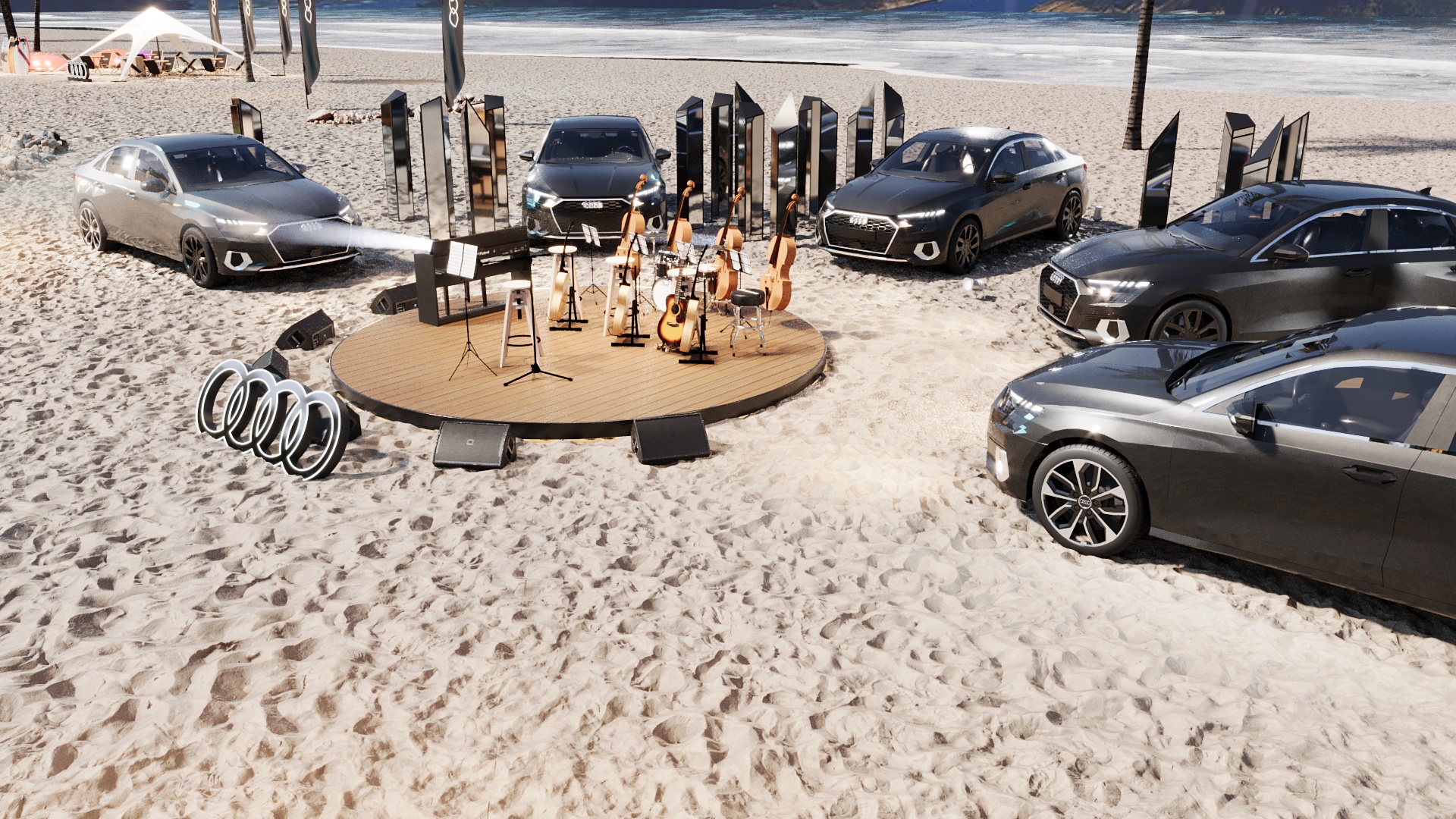 Audi electric vehicles surrounding a live orchestra stage on the beach