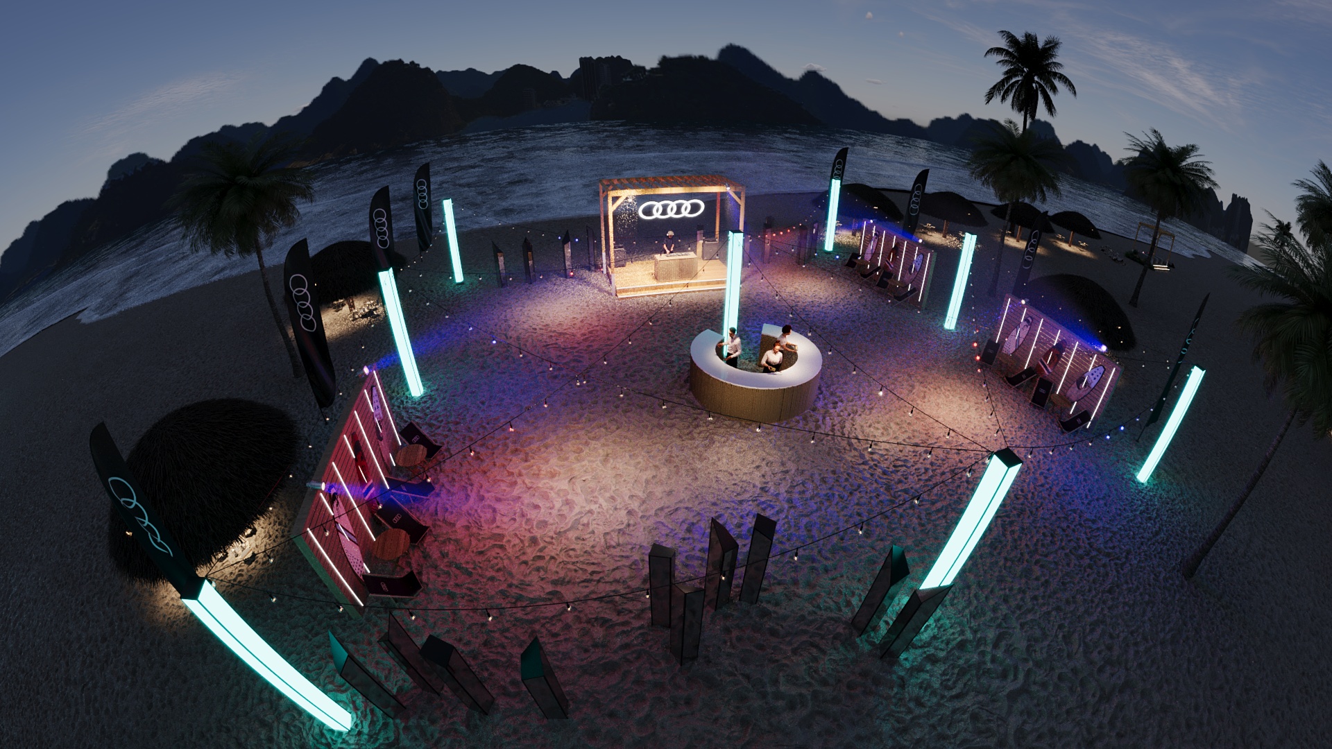 Audi e-motions nighttime beach party seen from above