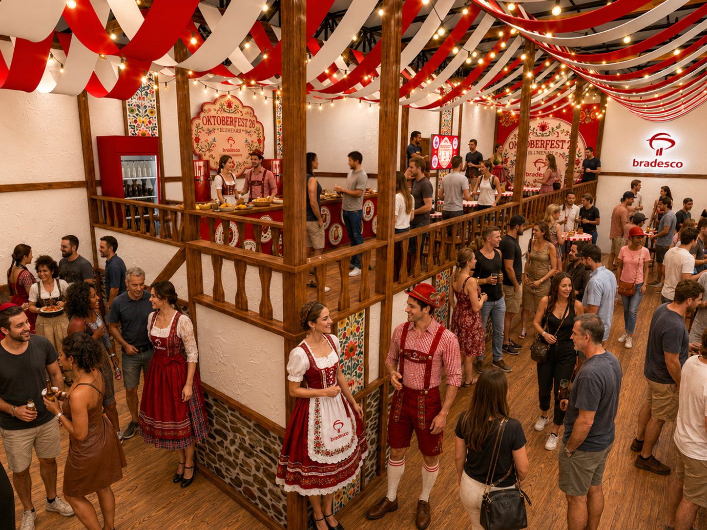 Bradesco Oktoberfest hospitality space with guests and traditional visual language