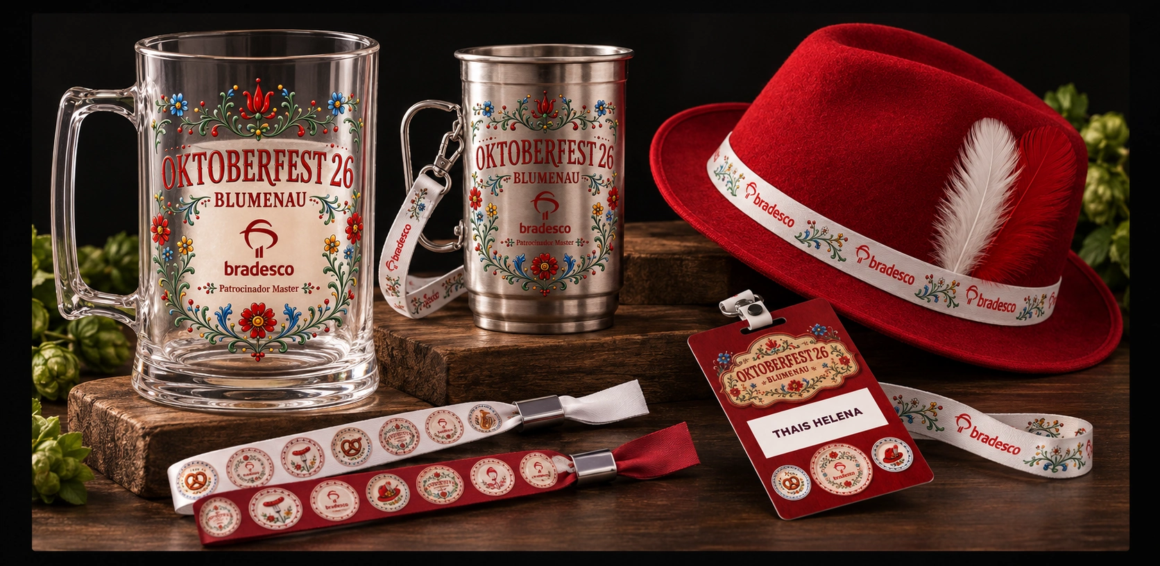 Bradesco Oktoberfest branded objects including mugs, Tyrolean hat, credential and wristbands