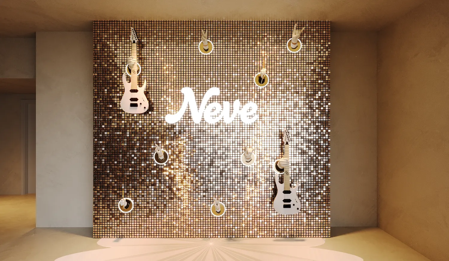Neve reflective feature wall in the VIP restroom activation