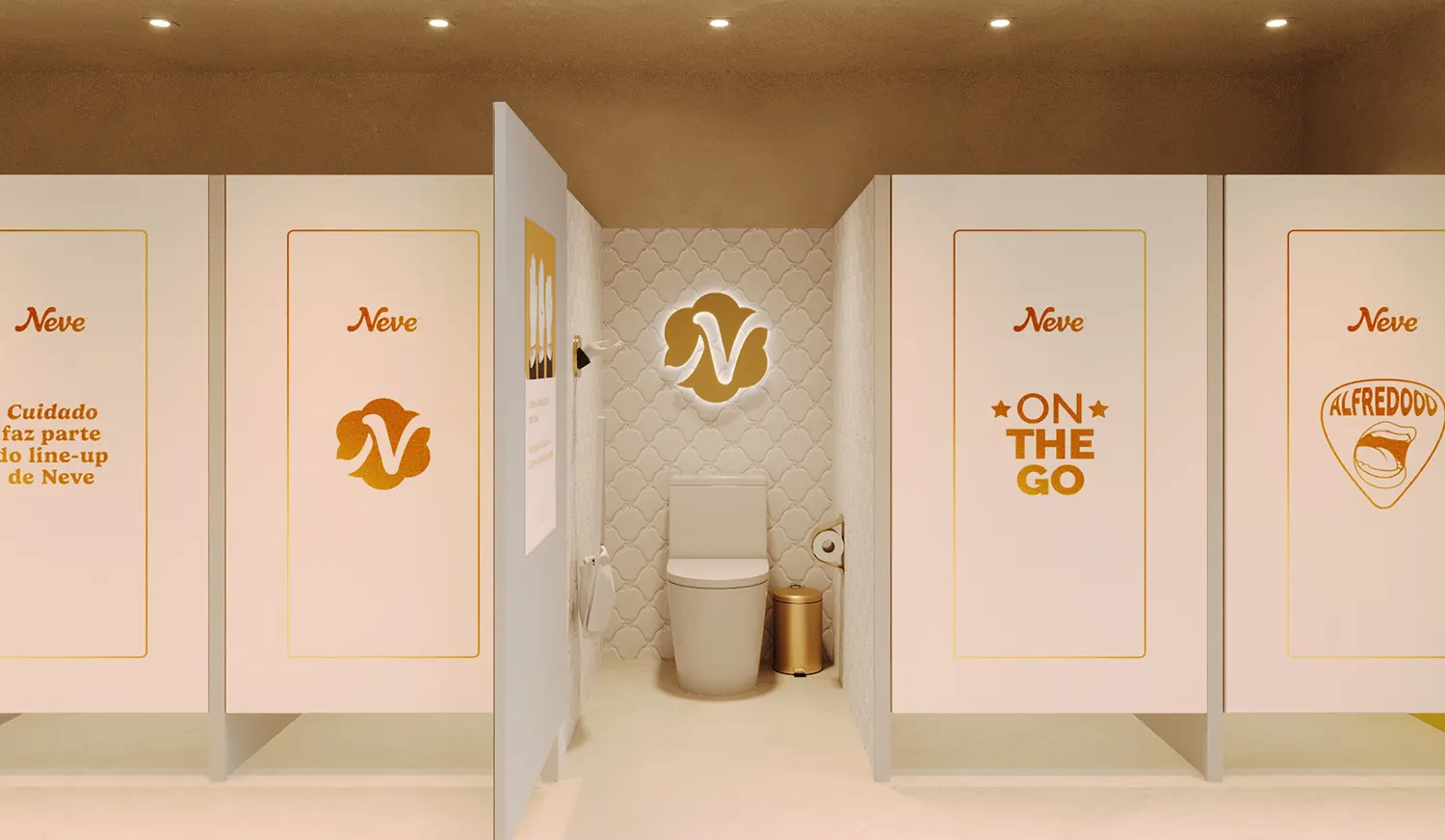 Neve VIP restroom stall with branded environmental messaging