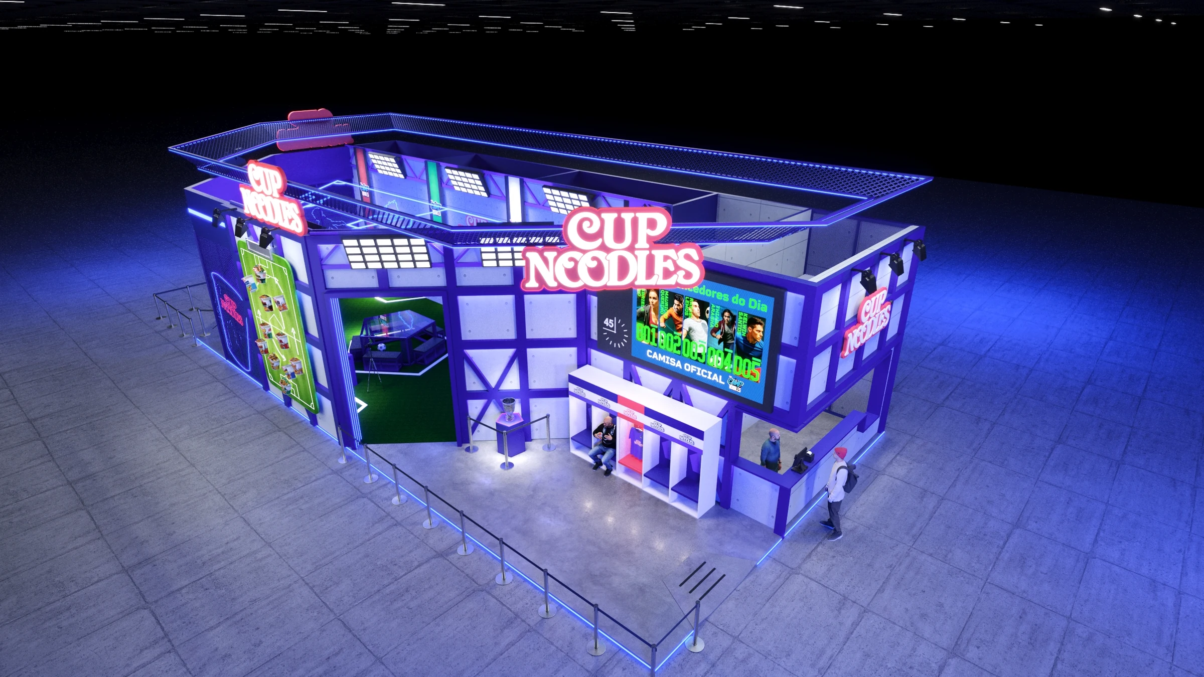 Aerial view showing the Camp Noodles booth architecture and circulation