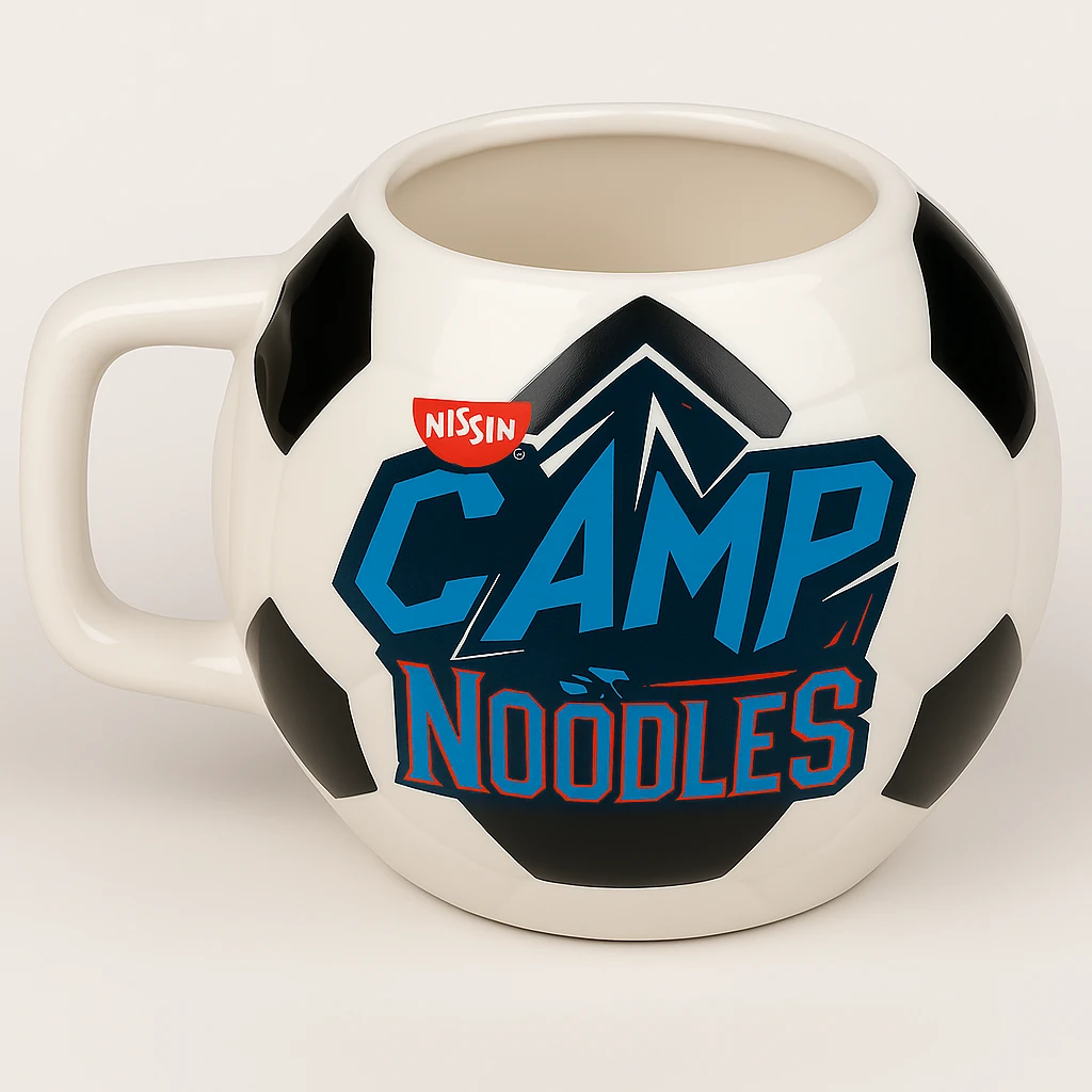 Camp Noodles football-shaped mug