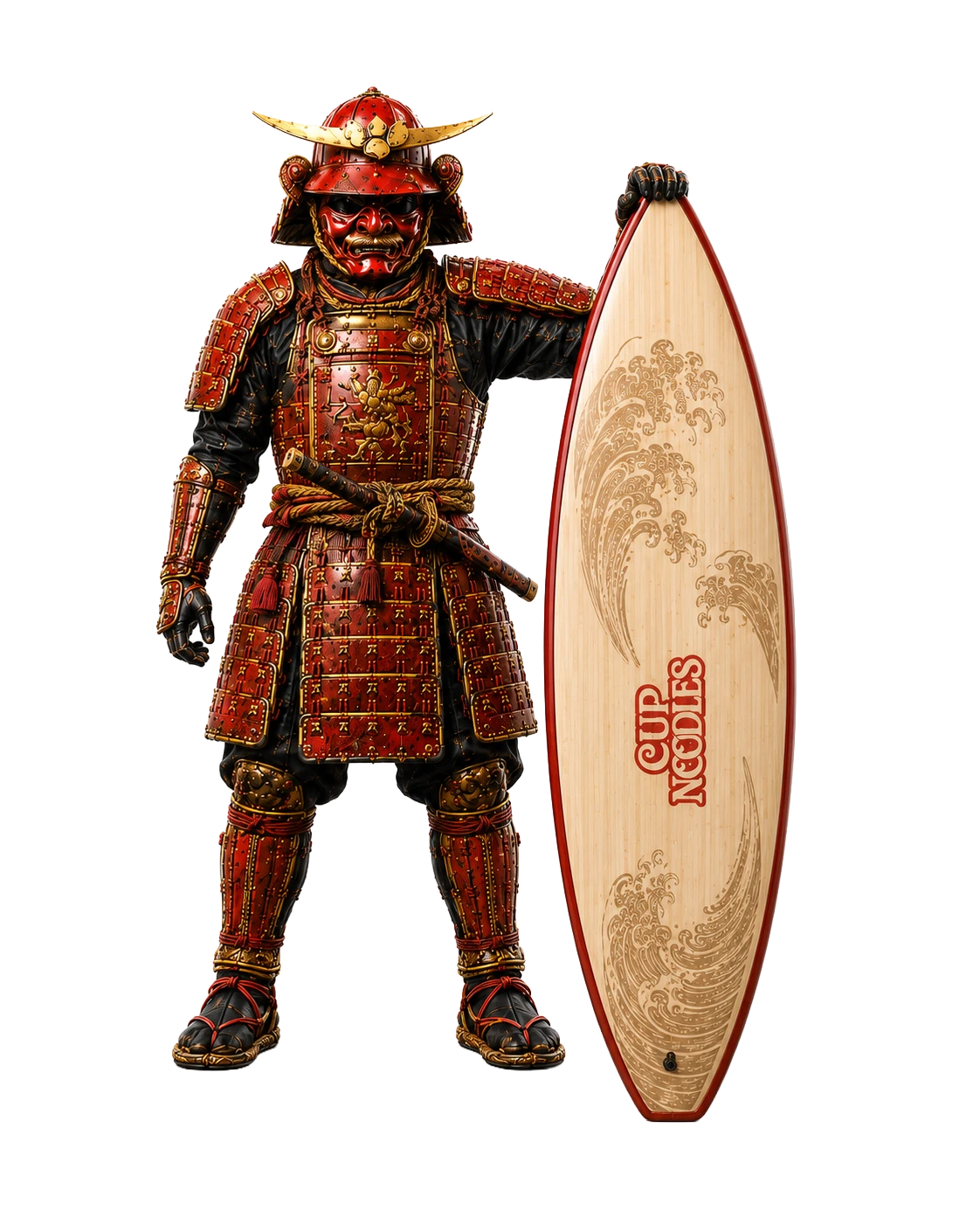 Cup Noodles samurai standing beside a surfboard