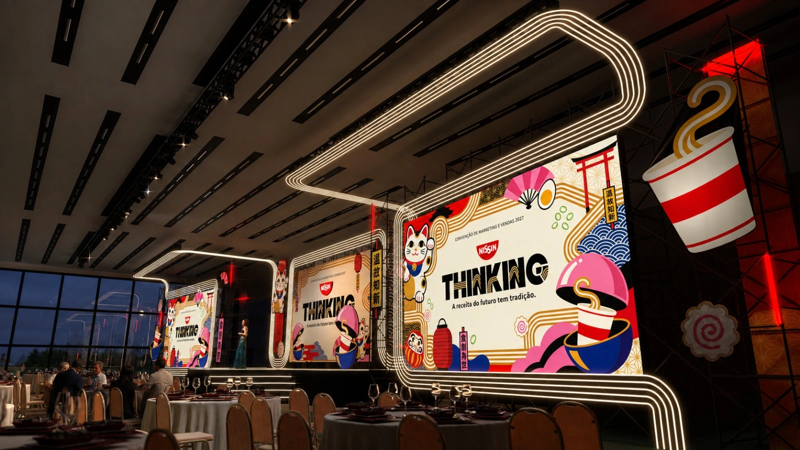 Nissin Thinking stage scenography with luminous noodle-inspired lines across the room