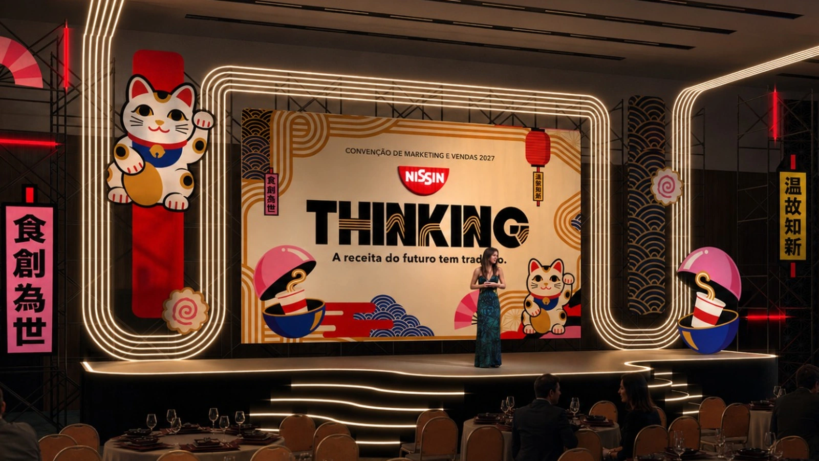 Closer perspective of Nissin Thinking central stage and illuminated scenic elements