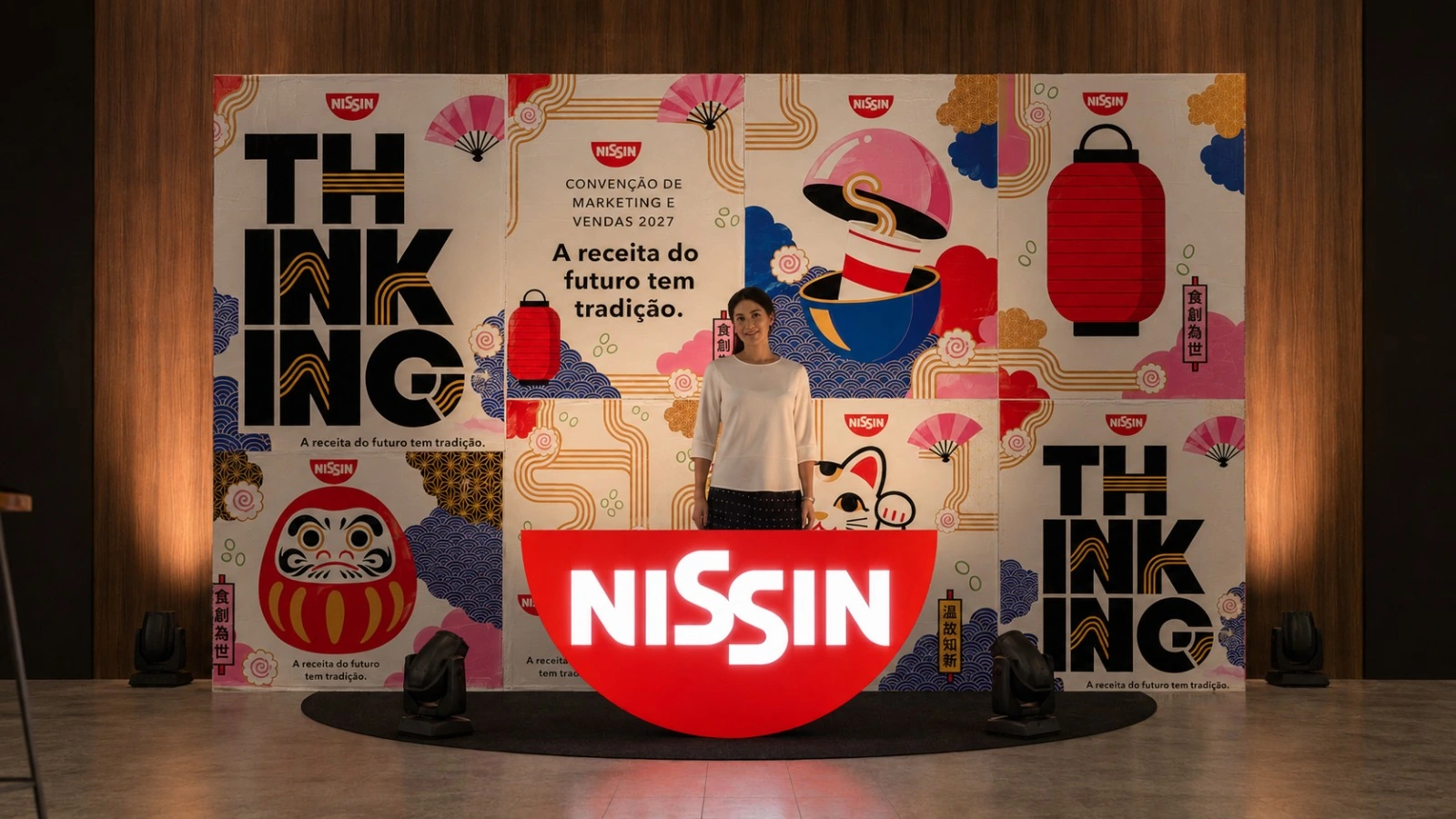 Nissin Thinking modular poster wall with illuminated Nissin sign