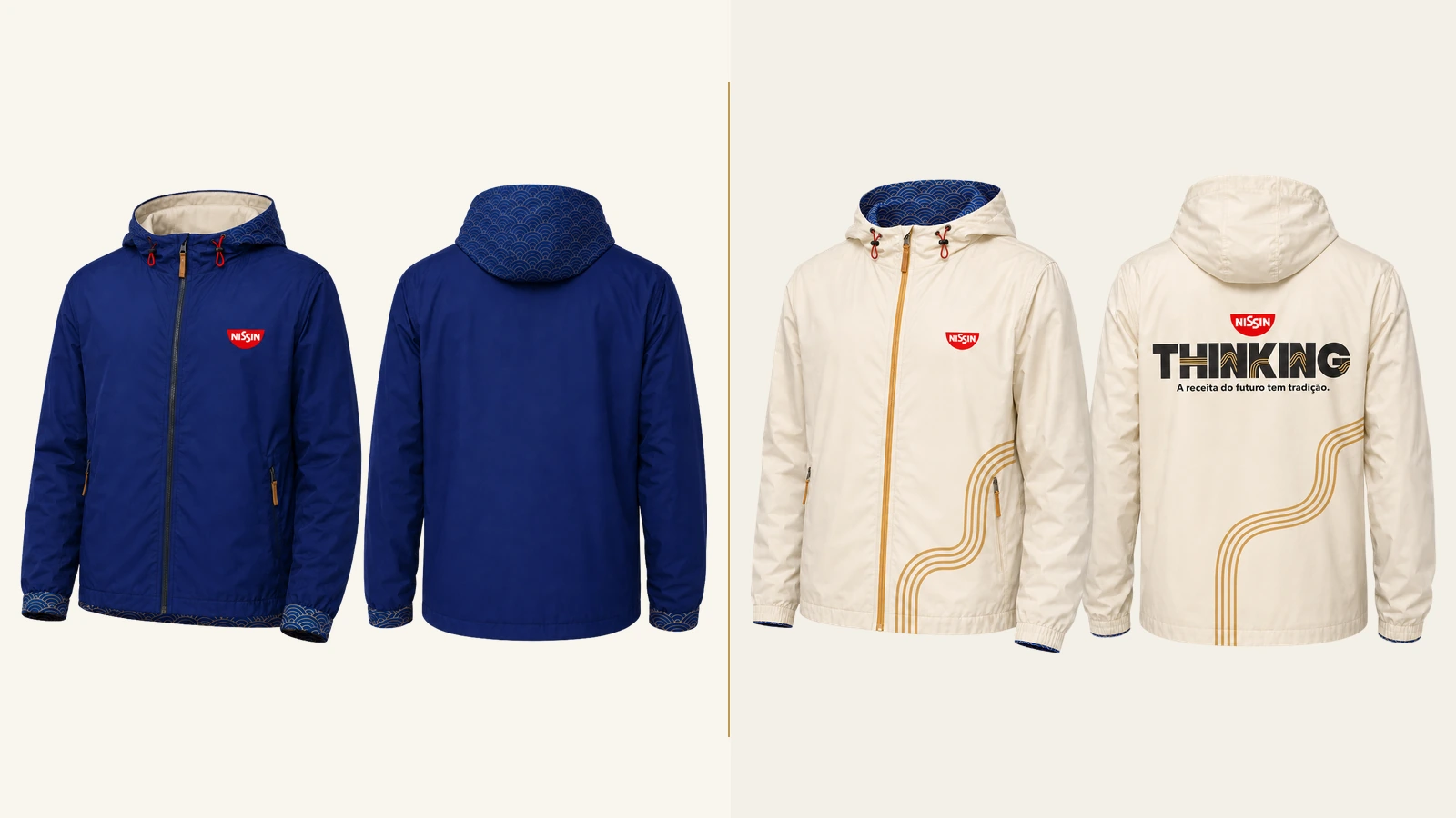 Nissin Thinking blue and off-white branded windbreakers