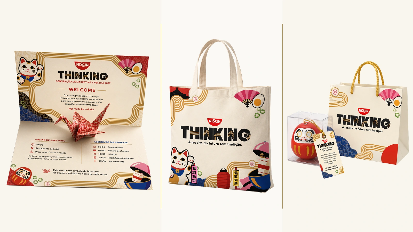 Nissin Thinking welcome card with tsuru, tote bag and Daruma gift