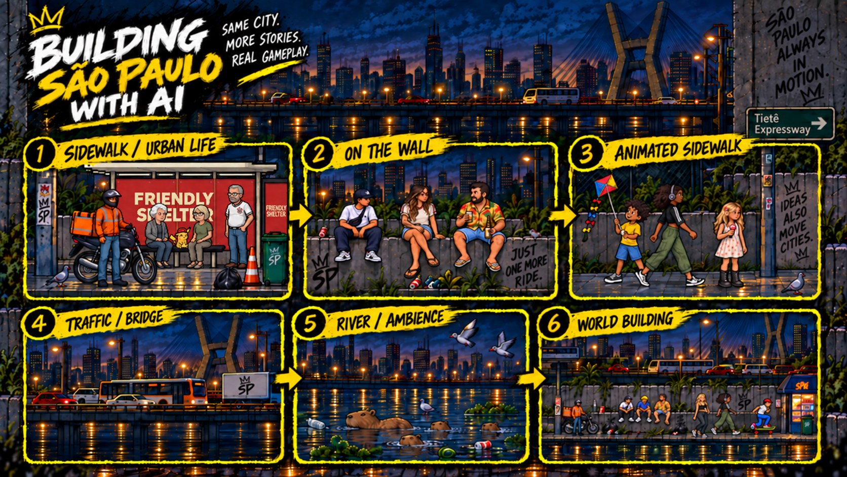 São Paulo Games — AI worldbuilding across the sidewalk, wall, traffic, river and city ambience